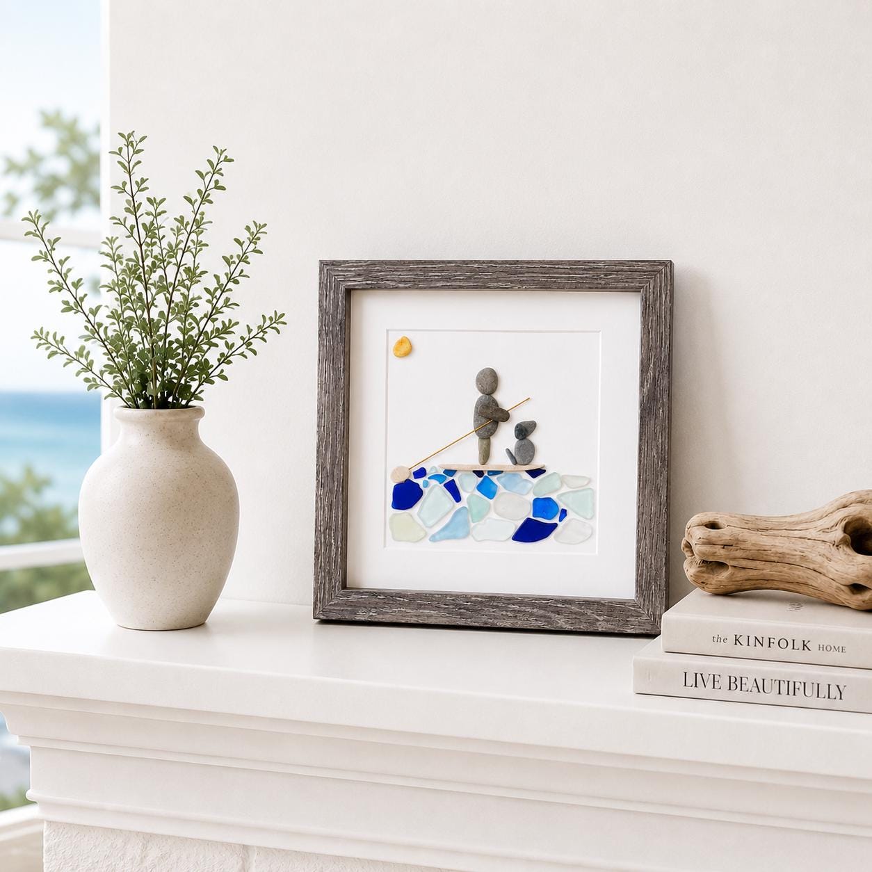 Paddle Boarding With Dog Framed Sea Glass and Pebble Art, ~ 9 x 9 inches