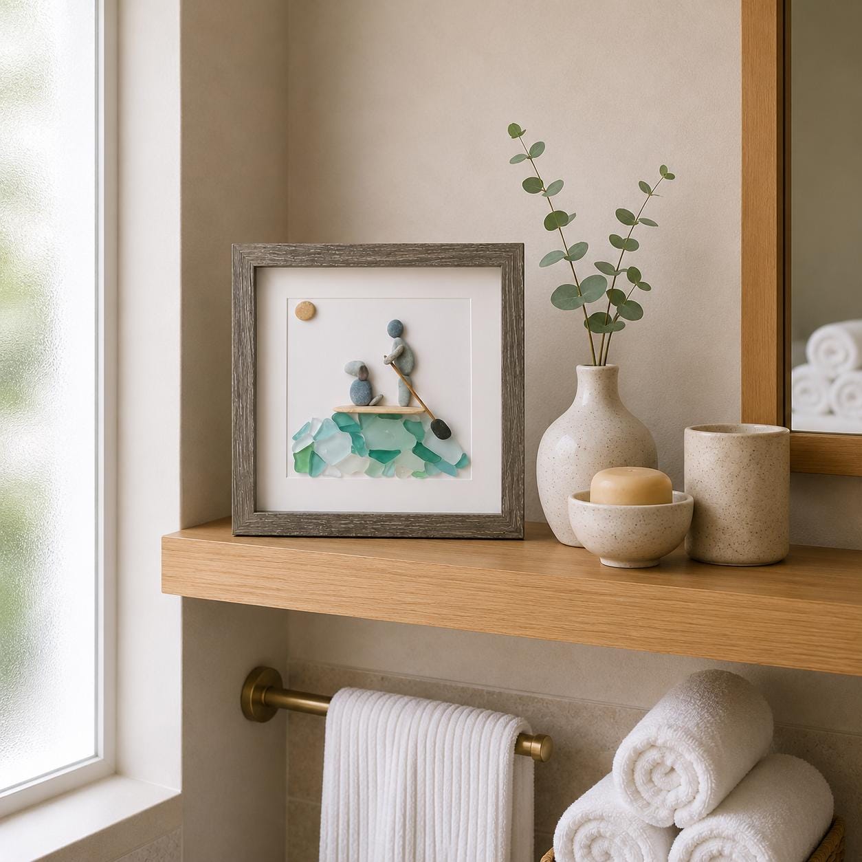 Paddle Boarding With Dog Framed Sea Glass and Pebble Art, ~ 9 x 9 inches