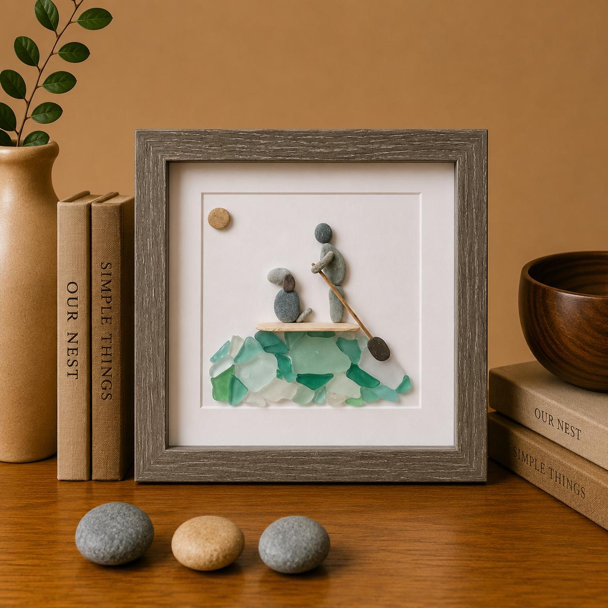 Paddle Boarding With Dog Framed Sea Glass and Pebble Art, ~ 9 x 9 inches