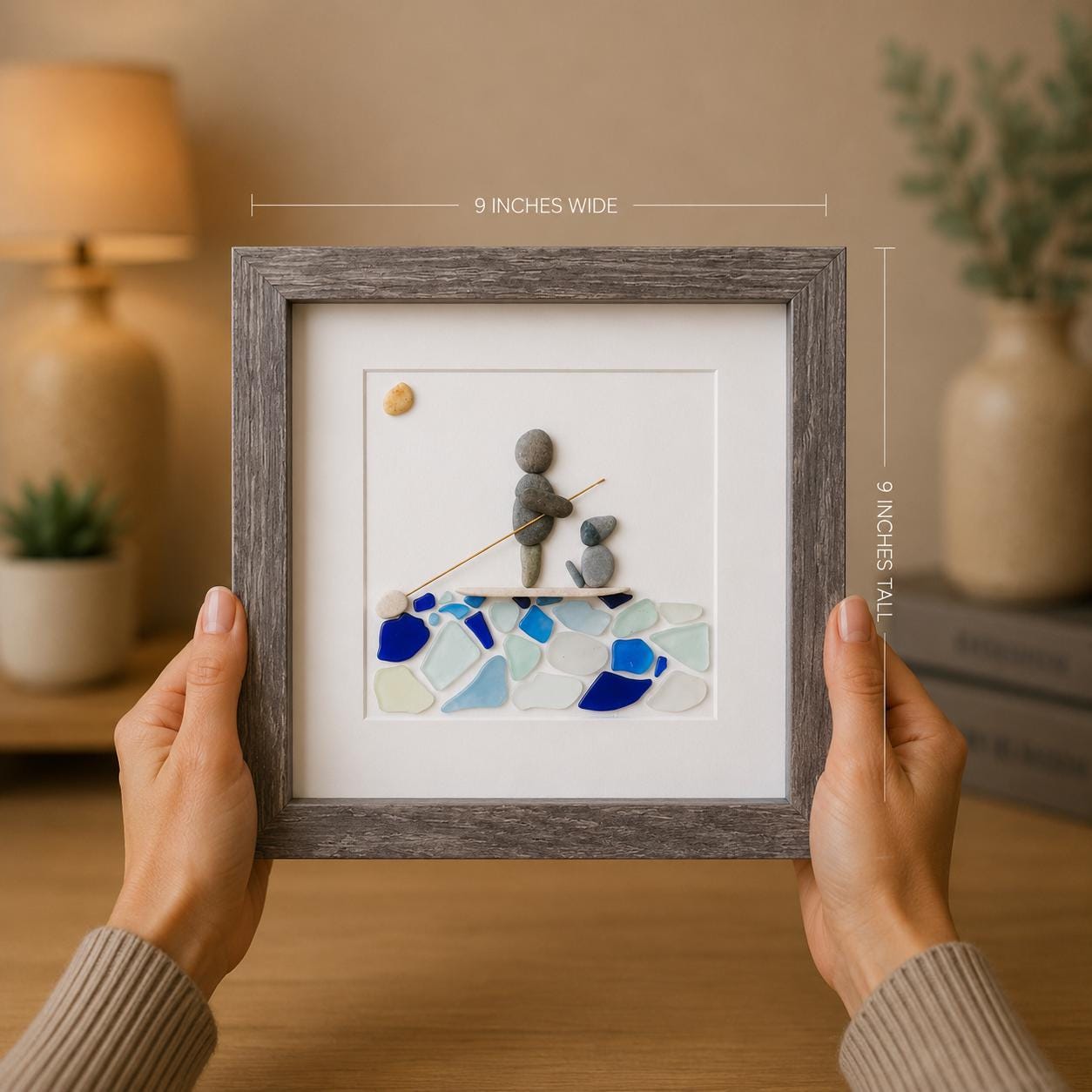 Paddle Boarding With Dog Framed Sea Glass and Pebble Art, ~ 9 x 9 inches