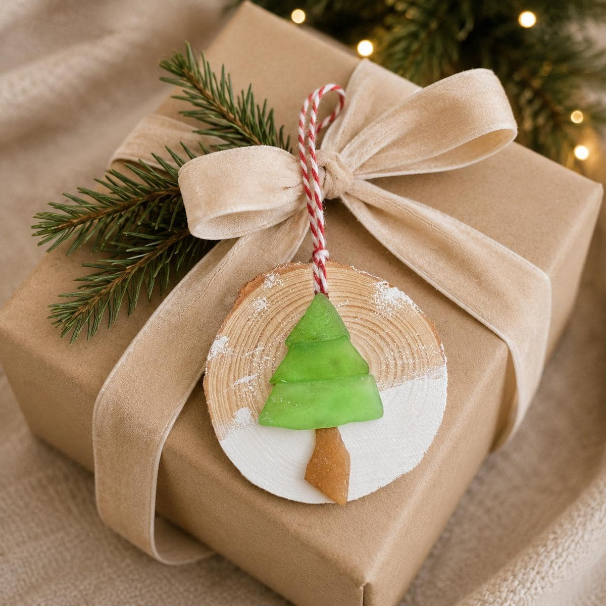 Sea Glass Tree Ornament on Wood Slice – Handmade Coastal Christmas Decor – Natural Driftwood Holiday Gift – Beach-Inspired Keepsake