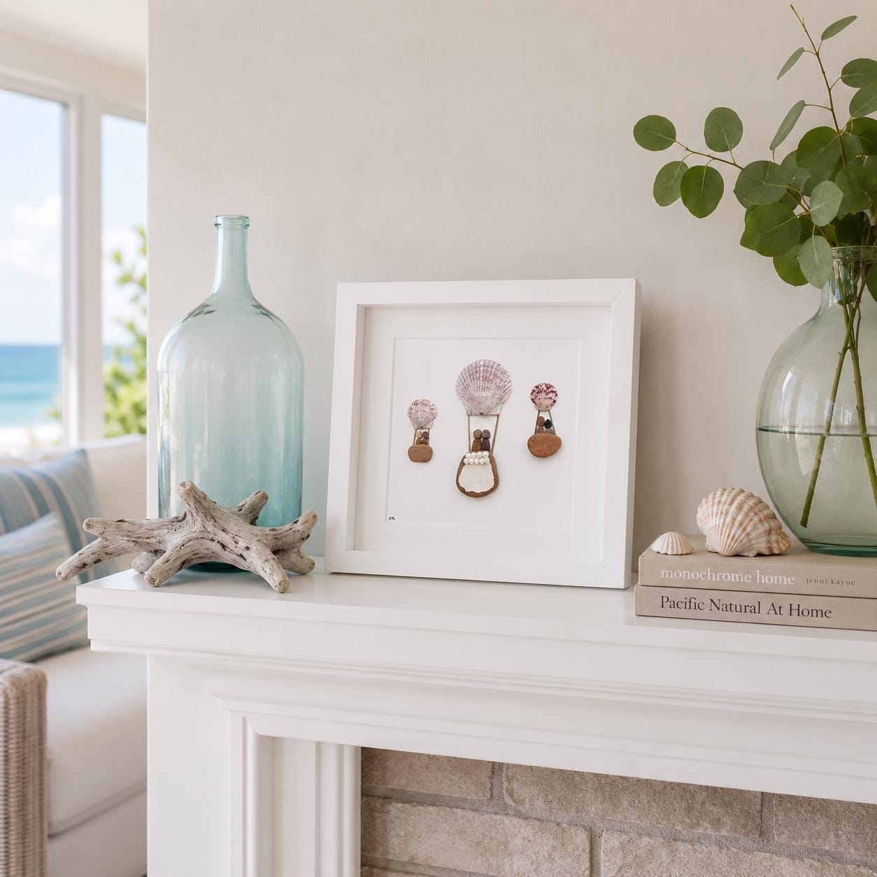 Hot Air Balloon Pebble Art, Shell Accents, Framed Natural Art (9x9)