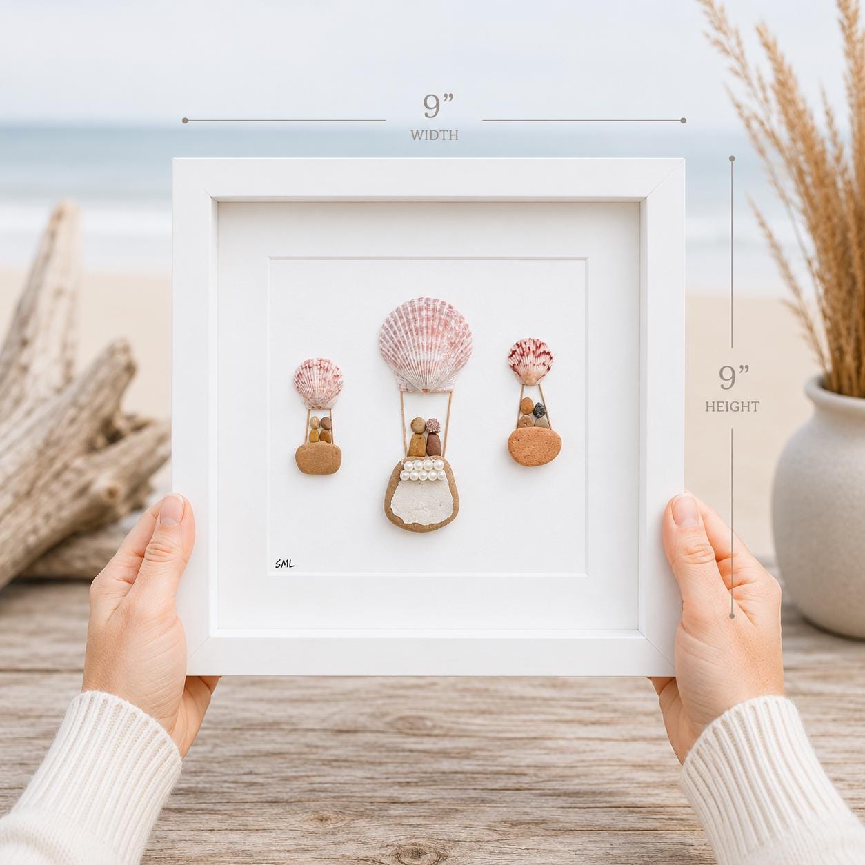 Hot Air Balloon Pebble Art, Shell Accents, Framed Natural Art (9x9)