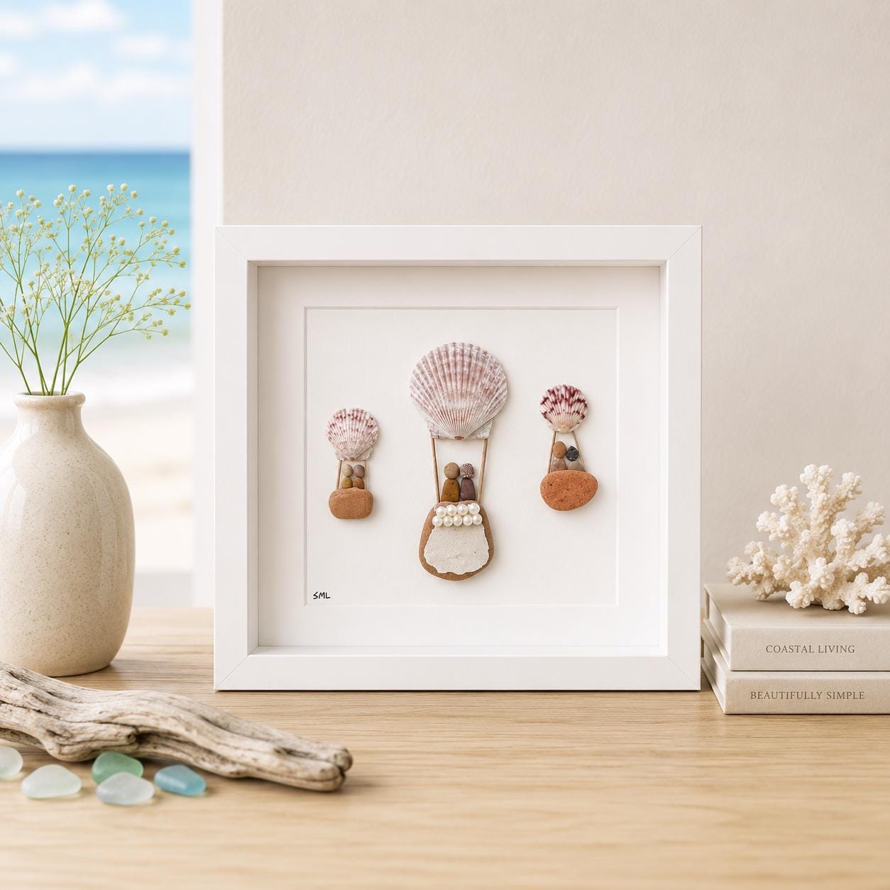Hot Air Balloon Pebble Art, Shell Accents, Framed Natural Art (9x9)