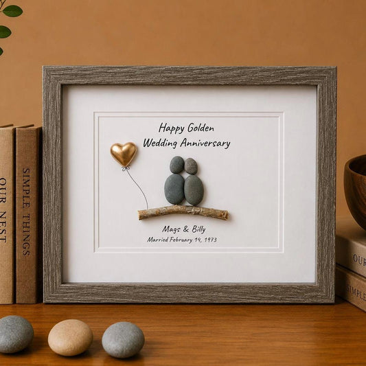 Golden Wedding Anniversary Personalized Pebble Art, 8x10 Framed 50th Anniversary Gift for Parents, Friends, Spouse