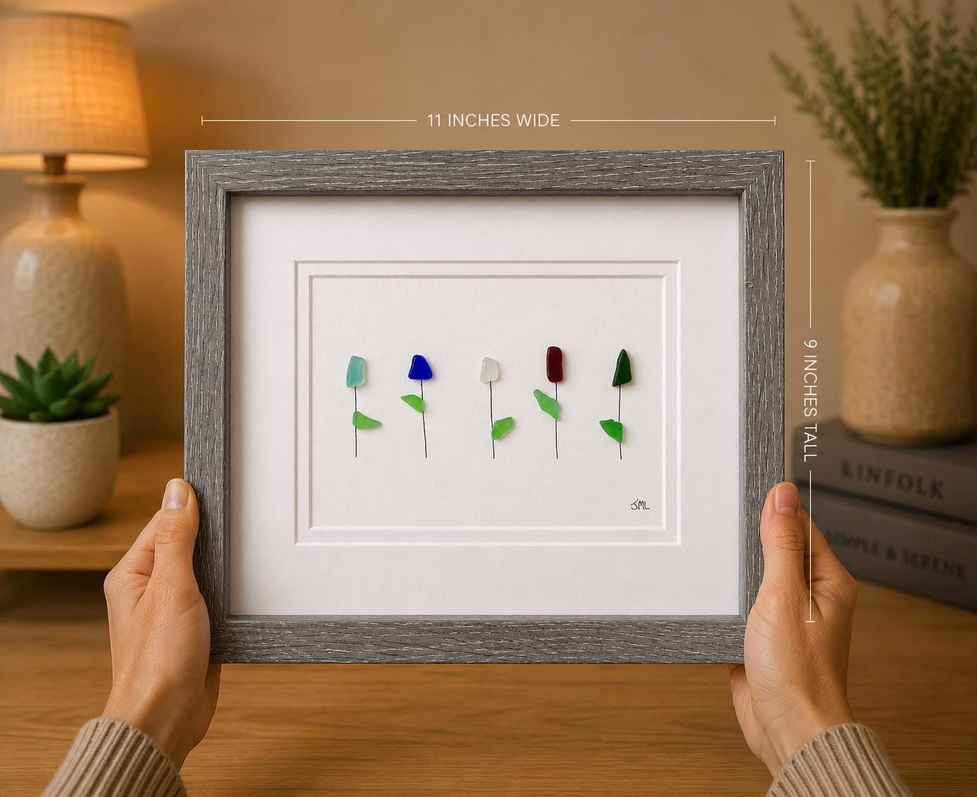 Framed Sea Glass Flowers, 8x10 Handmade Original Artwork, Unique Wall Decor