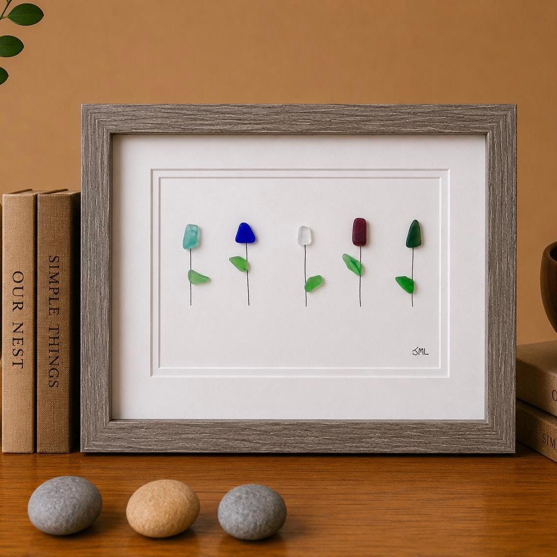 Framed Sea Glass Flowers, 8x10 Handmade Original Artwork, Unique Wall Decor