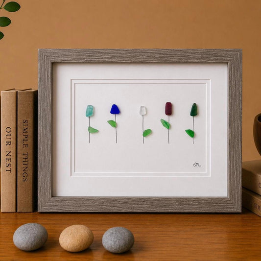 Framed Sea Glass Flowers, 8x10 Handmade Original Artwork, Unique Wall Decor