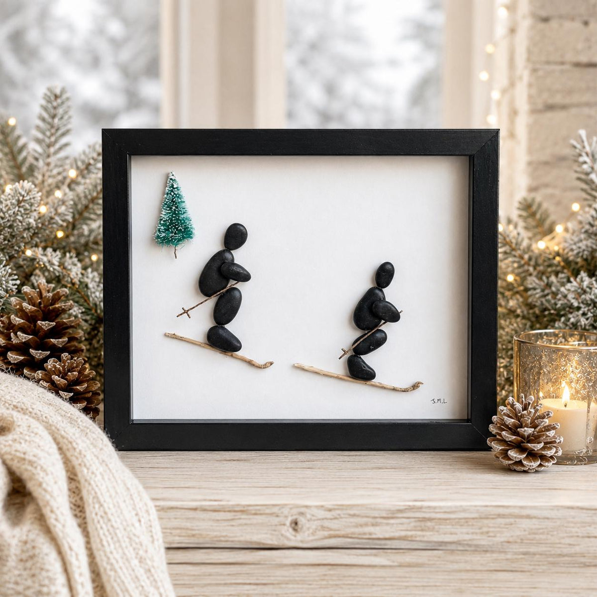 Skiers Hit the Slopes - Pebble Artwork