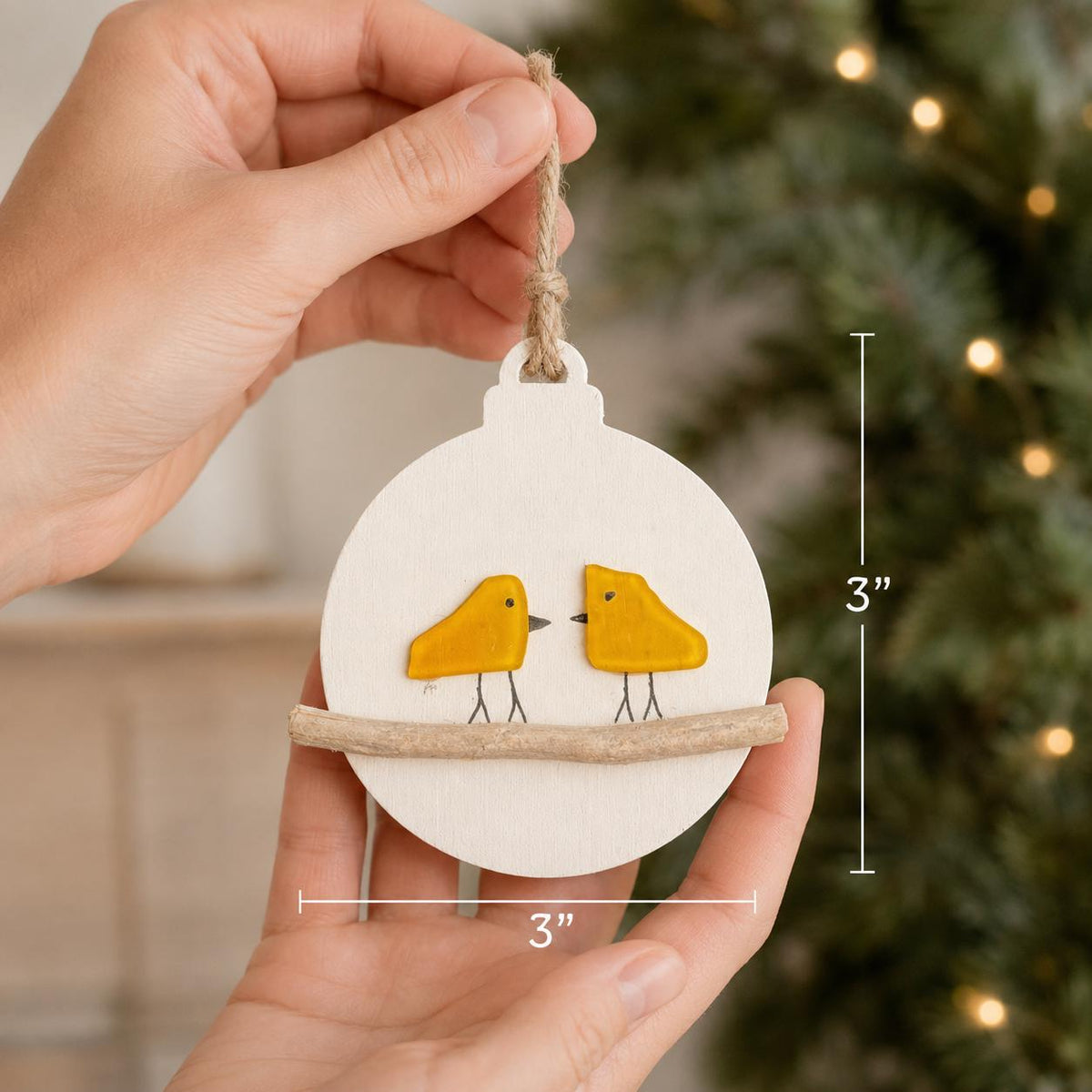 Yellow Sea Glass Bird Couple Christmas Ornament, Holiday Ornament, Perfect Holiday Gift, Drift Wood