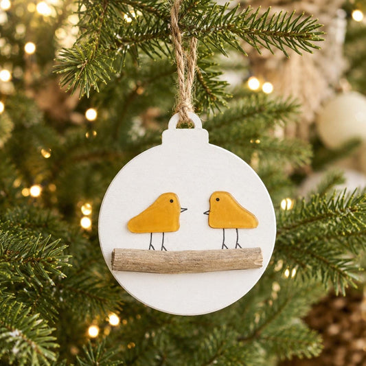 Yellow Sea Glass Bird Couple Christmas Ornament, Holiday Ornament, Perfect Holiday Gift, Drift Wood