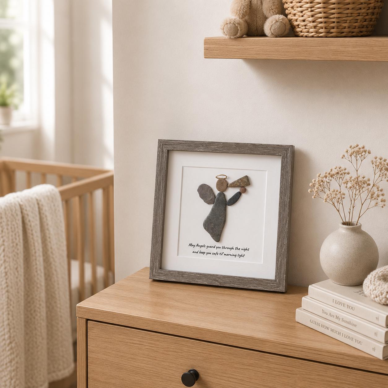 Guardian Angel Pebble Art, 9x9 Framed Handmade Wall Decor