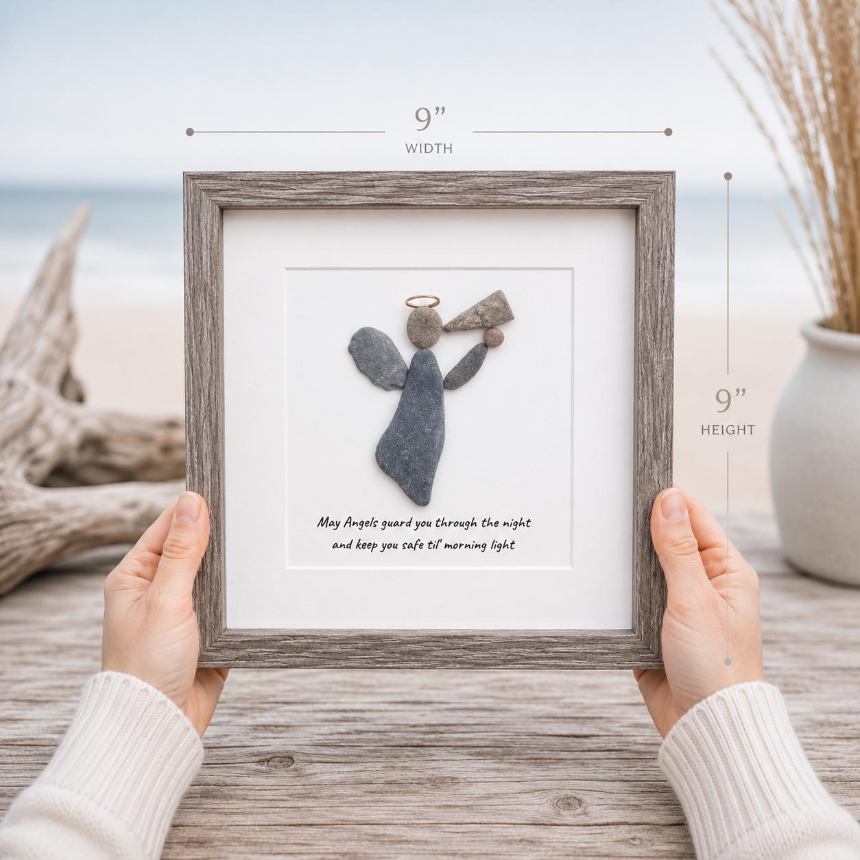 Guardian Angel Pebble Art, 9x9 Framed Handmade Wall Decor