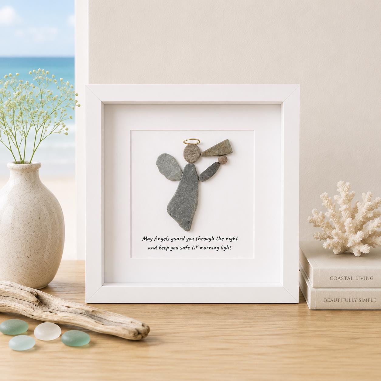 Guardian Angel Pebble Art, 9x9 Framed Handmade Wall Decor