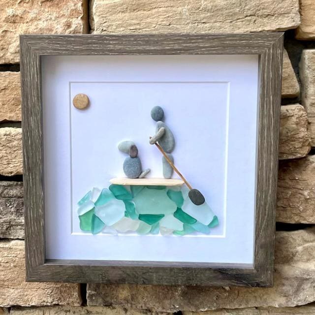Paddle Boarding With Dog Framed Sea Glass and Pebble Art, ~ 9 x 9 inches