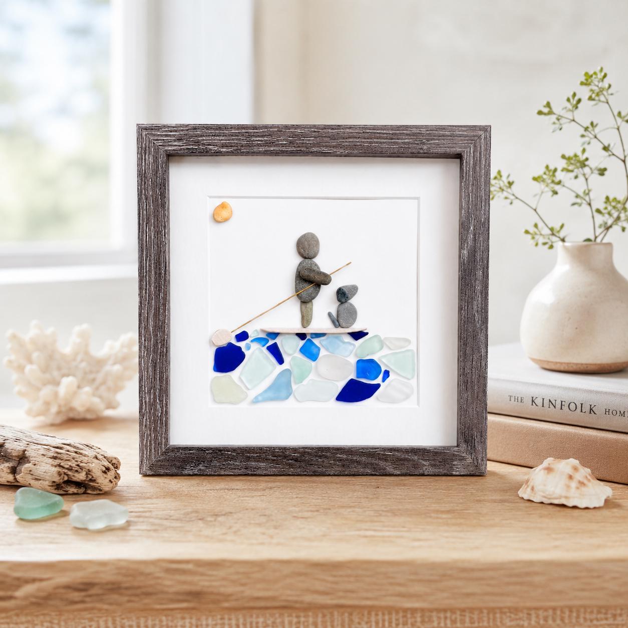 Paddle Boarding With Dog Framed Sea Glass and Pebble Art, ~ 9 x 9 inches