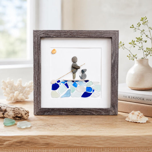 Paddle Boarding With Dog Framed Sea Glass and Pebble Art, ~ 9 x 9 inches