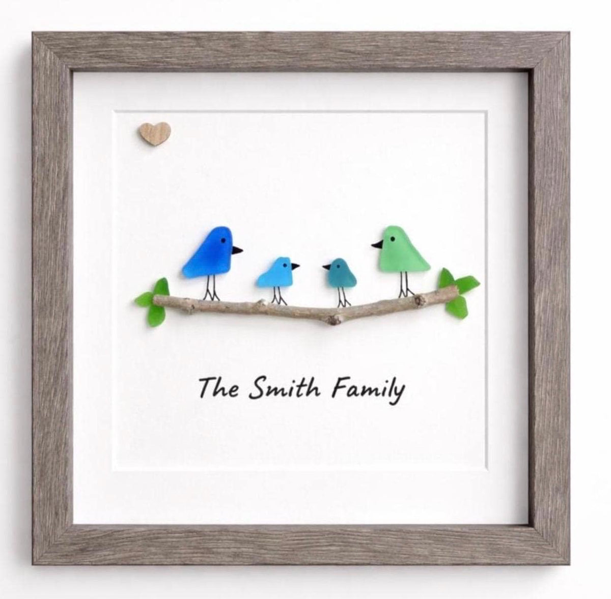 Personalized Sea Glass Bird Family Picture, Family of 3, 4, 5 or 6, 8x8 Framed Wall Art