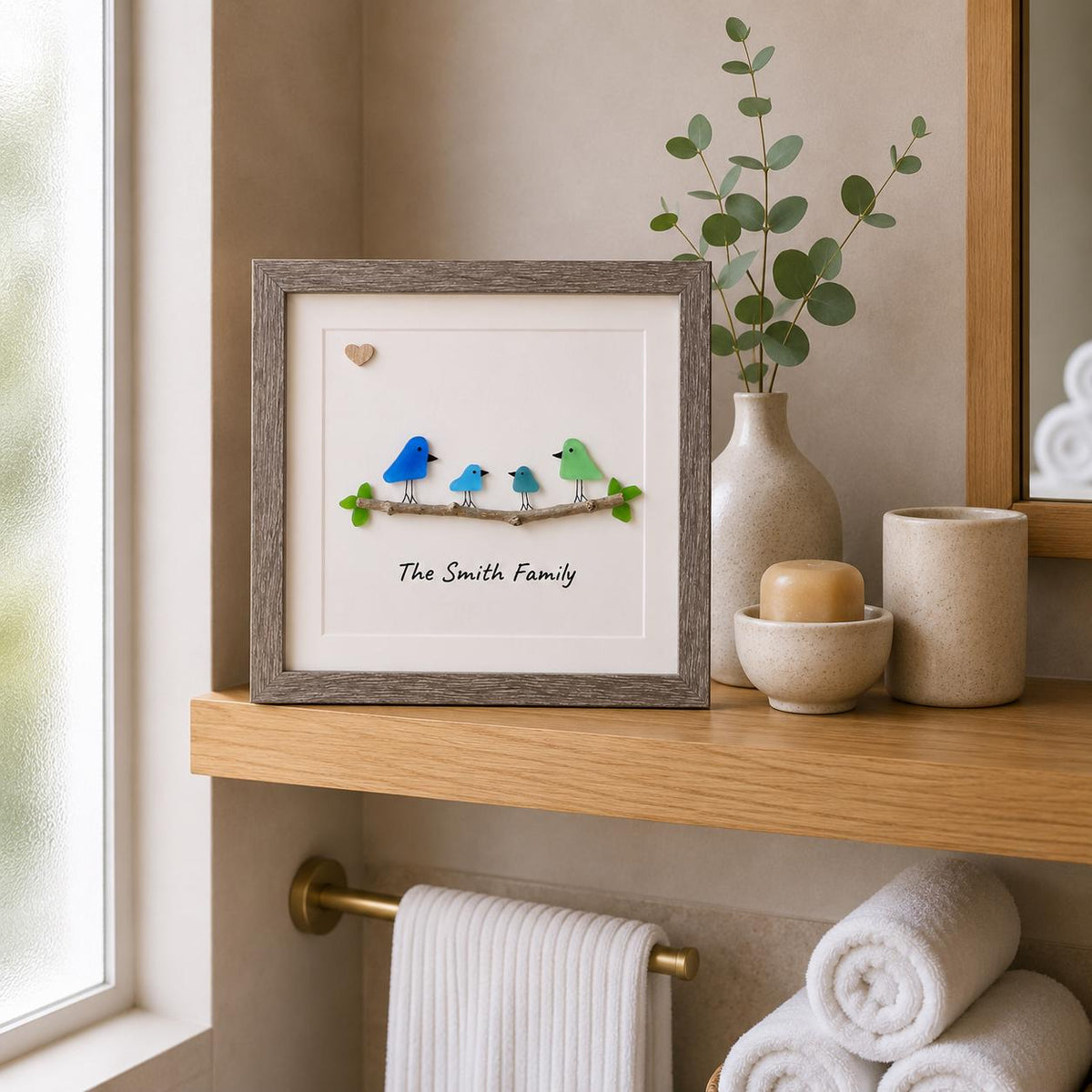 Personalized Sea Glass Bird Family Picture, Family of 3, 4, 5 or 6, 8x8 Framed Wall Art