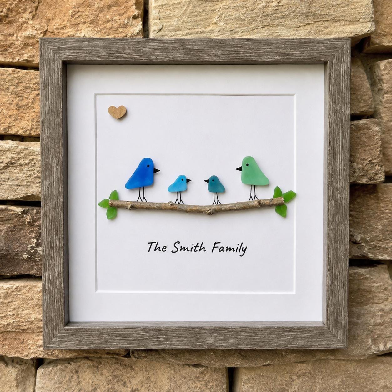 Personalized Sea Glass Bird Family Picture, Family of 3, 4, 5 or 6, 8x8 Framed Wall Art