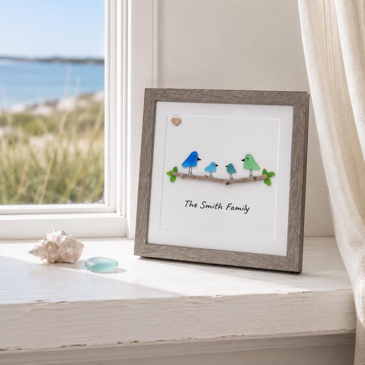Personalized Sea Glass Bird Family Picture, Family of 3, 4, 5 or 6, 8x8 Framed Wall Art