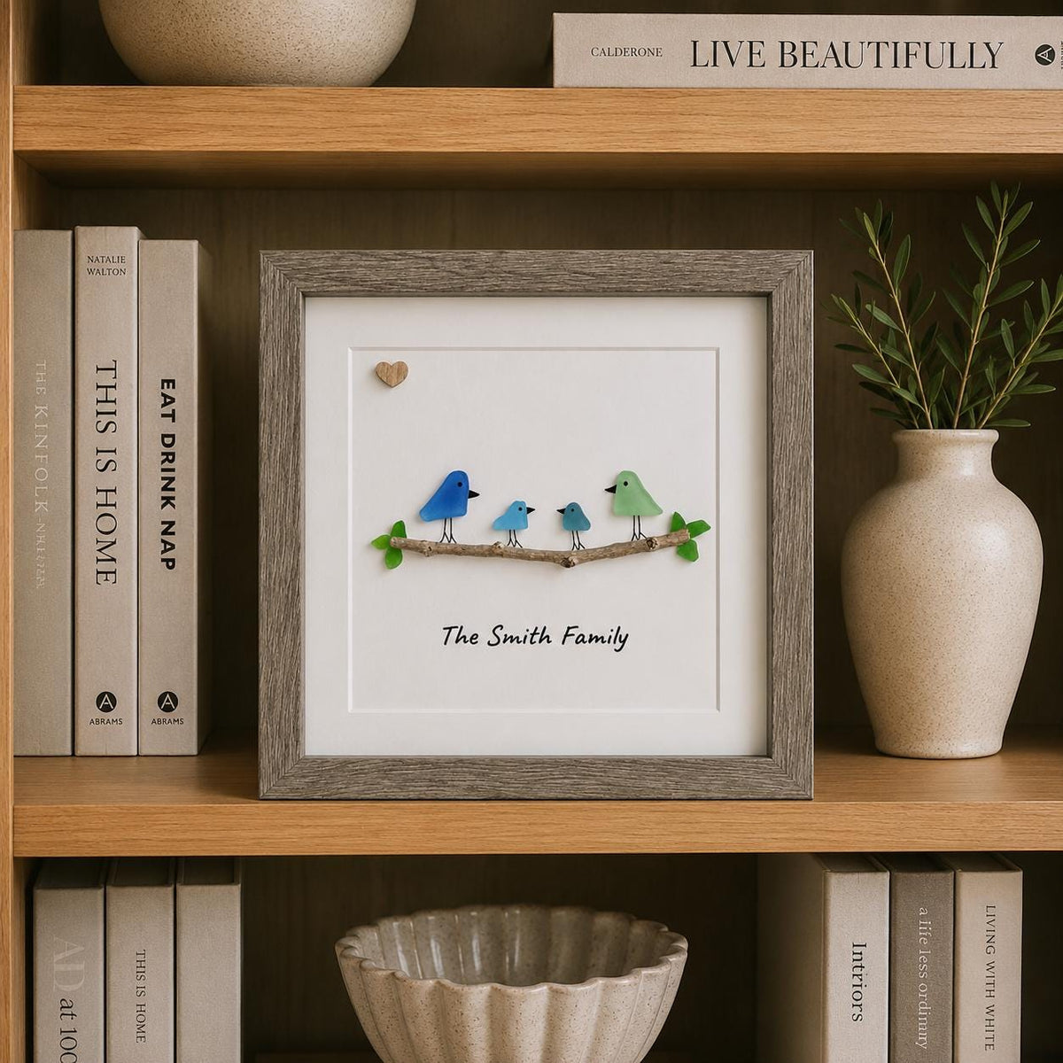 Personalized Sea Glass Bird Family Picture, Family of 3, 4, 5 or 6, 8x8 Framed Wall Art