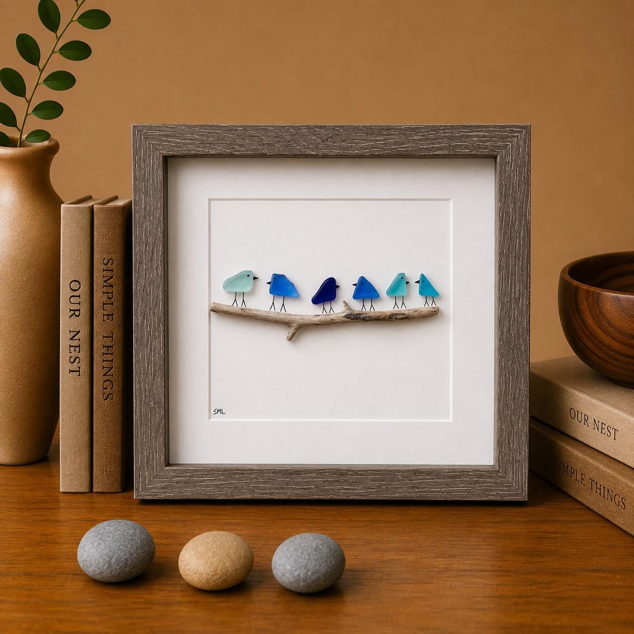 Blue Sea Glass Birds on Drift Wood
