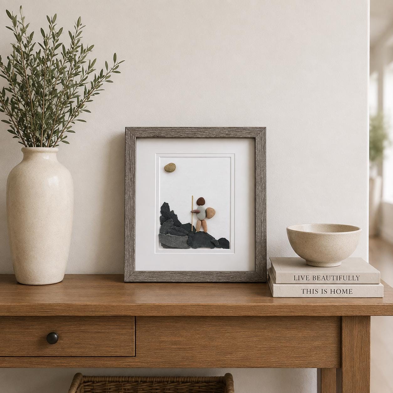 Hiker Enjoying Solo Hike 8 x 10 Framed Handmade Pebble Art, Hiking Picture, Perfect Gift