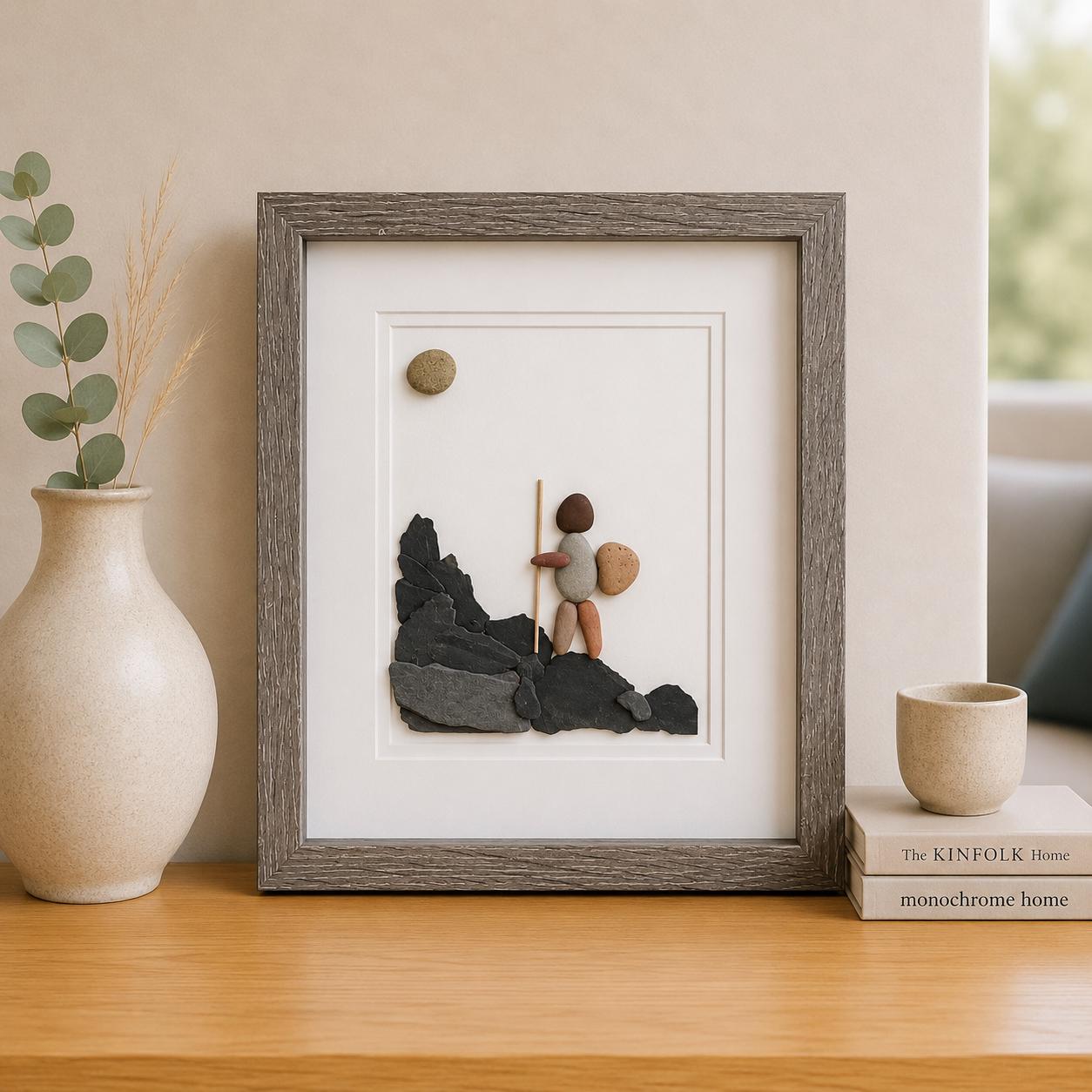 Hiker Enjoying Solo Hike 8 x 10 Framed Handmade Pebble Art, Hiking Picture, Perfect Gift