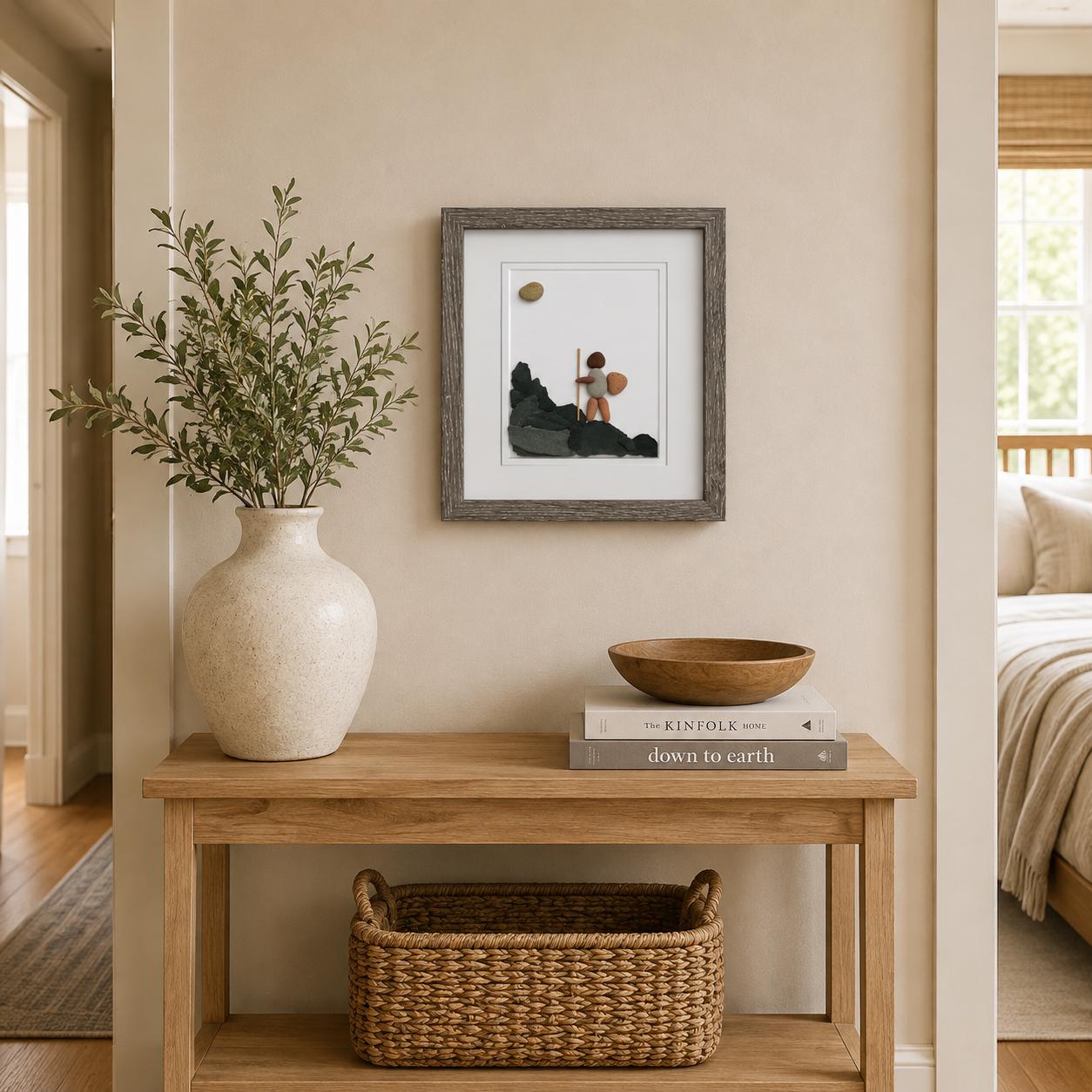 Hiker Enjoying Solo Hike 8 x 10 Framed Handmade Pebble Art, Hiking Picture, Perfect Gift