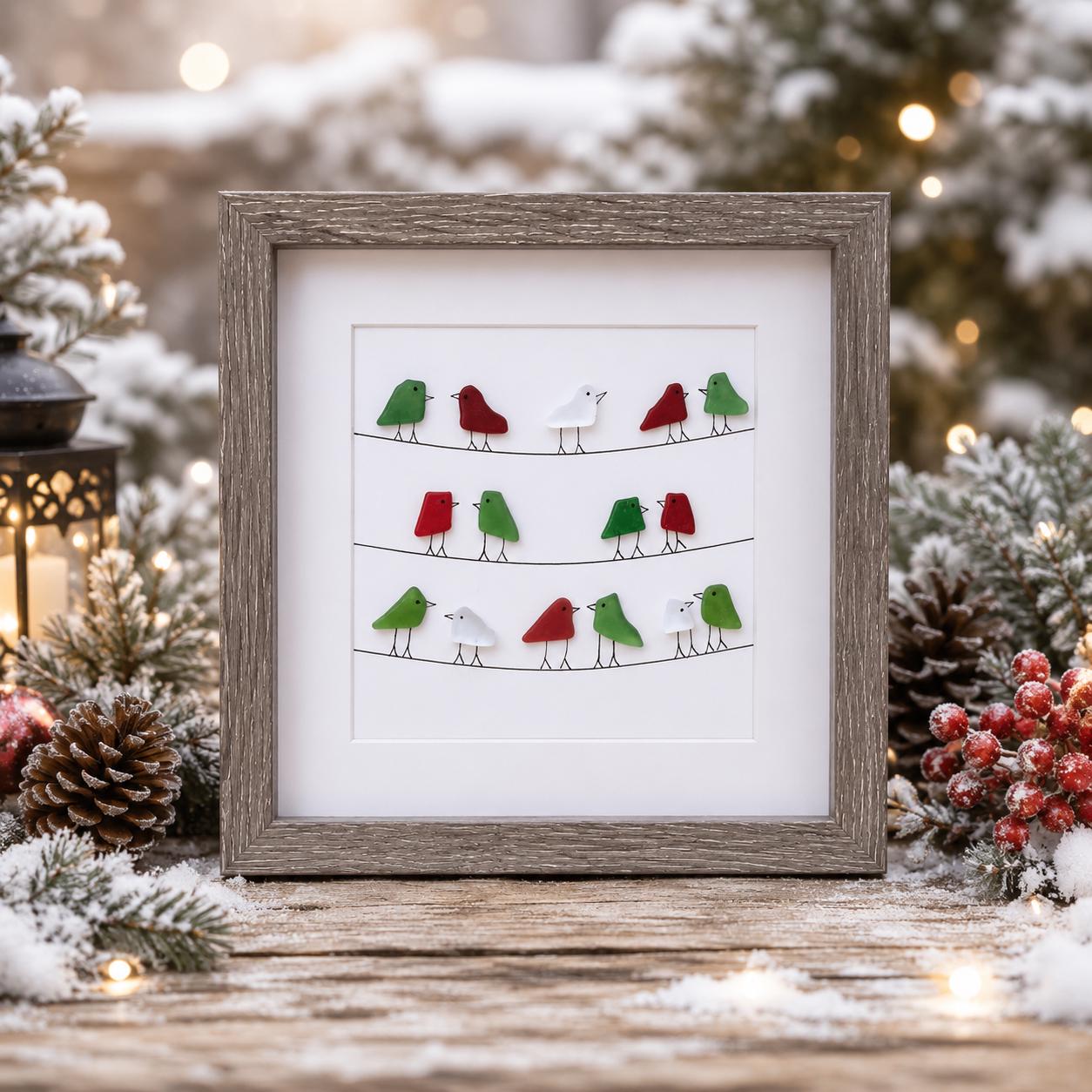 Christmas Sea Glass Birds on Power Lines, Framed Original Artwork