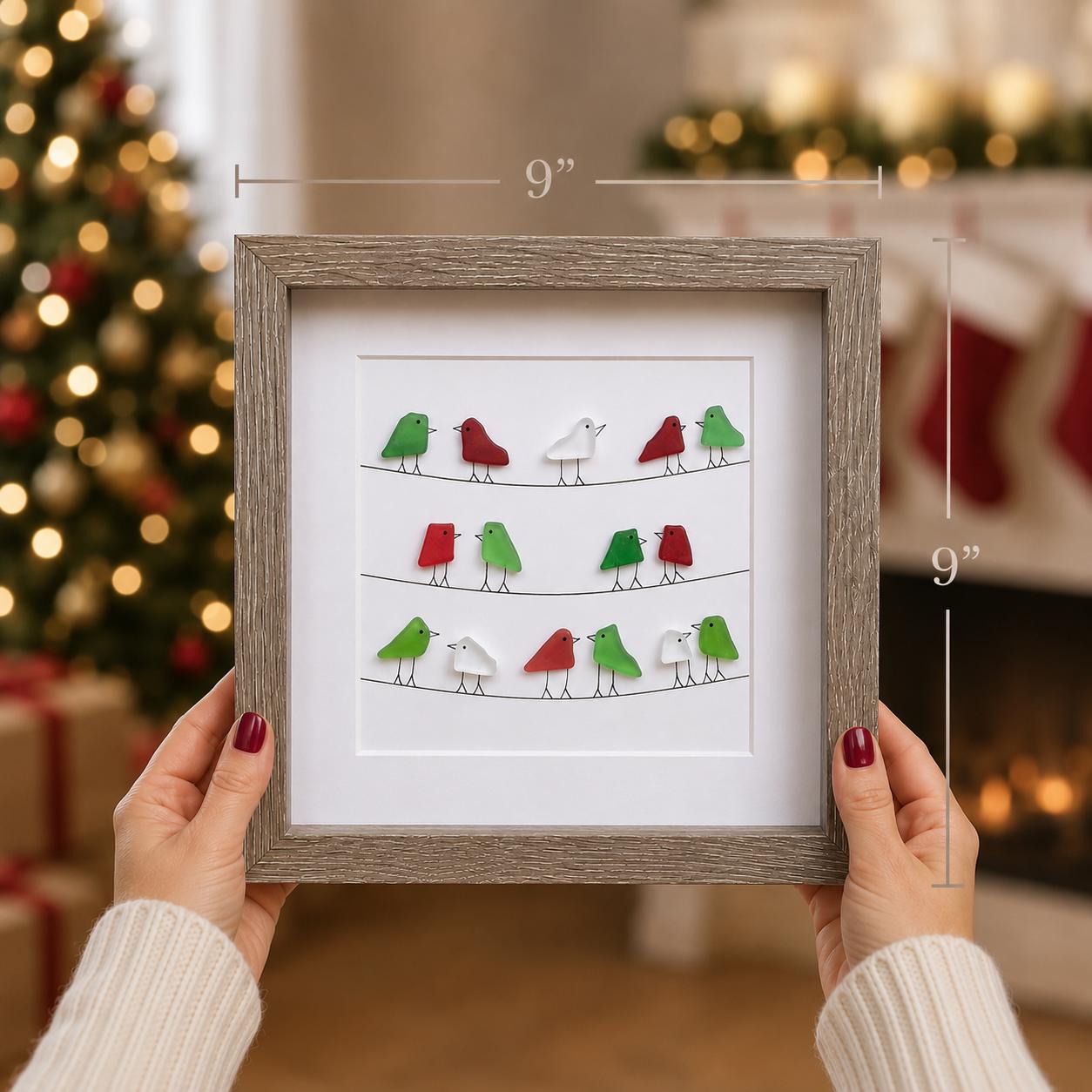 Christmas Sea Glass Birds on Power Lines, Framed Original Artwork