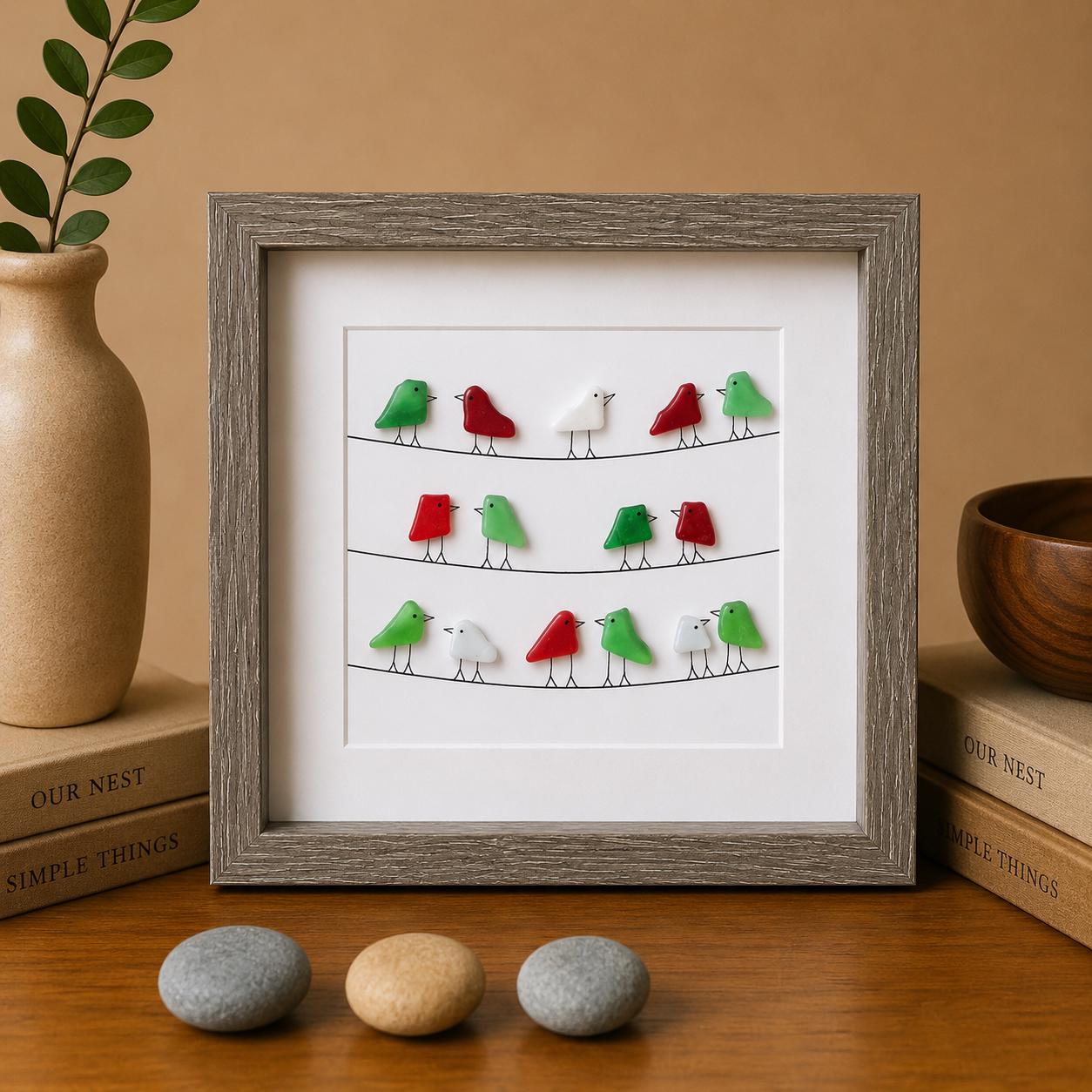 Christmas Sea Glass Birds on Power Lines, Framed Original Artwork