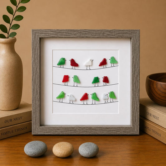 Christmas Sea Glass Birds on Power Lines, Framed Original Artwork