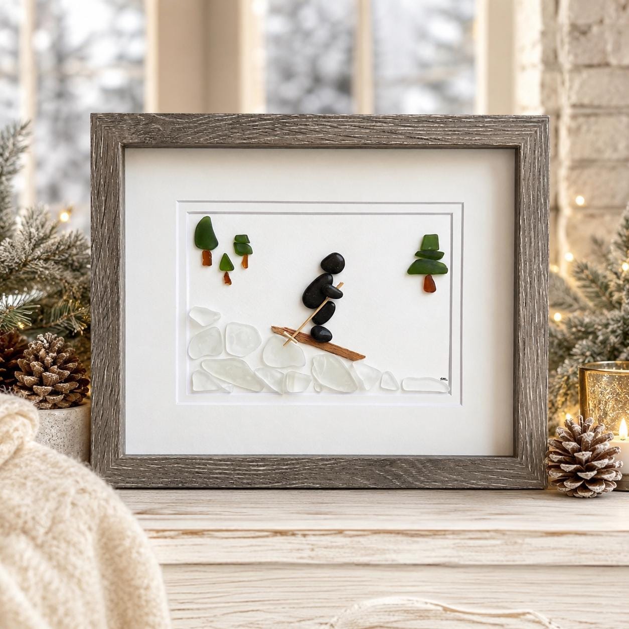Skiing Pebble and Sea Glass Art, Framed Handmade Skier Gift (8x10)