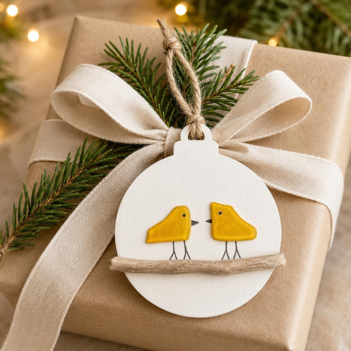 Yellow Sea Glass Bird Couple Christmas Ornament, Holiday Ornament, Perfect Holiday Gift, Drift Wood