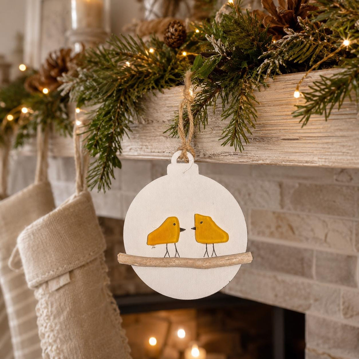 Yellow Sea Glass Bird Couple Christmas Ornament, Holiday Ornament, Perfect Holiday Gift, Drift Wood
