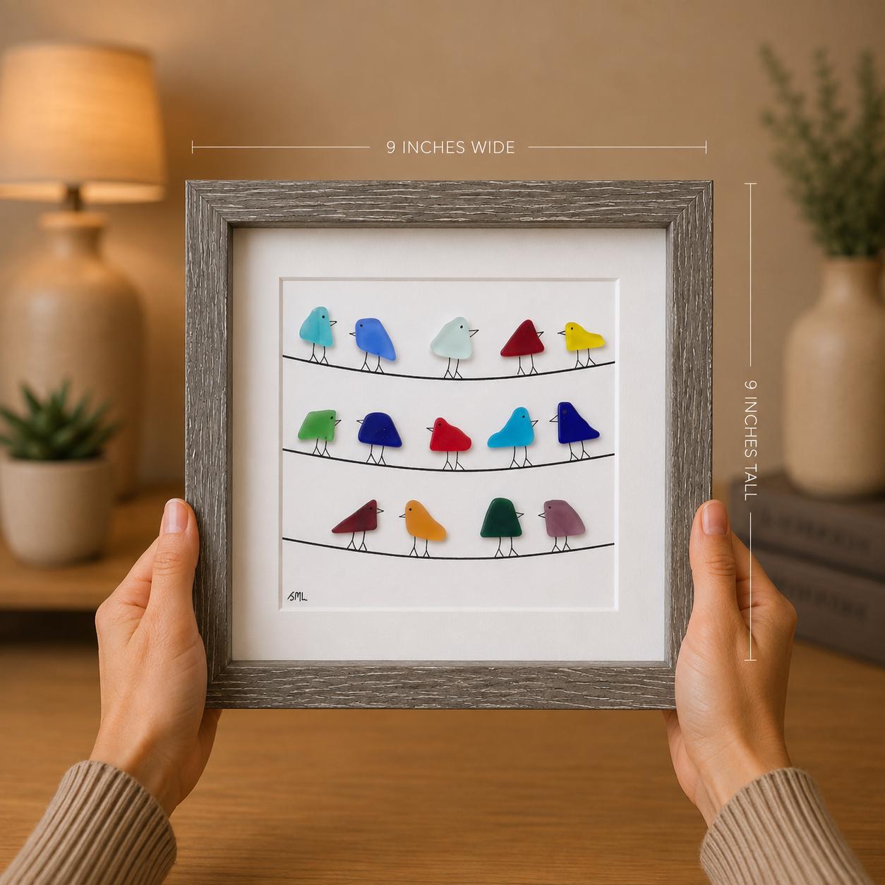Rainbow Sea Glass Bird Artwork, Coastal Beach Decor, Framed Art
