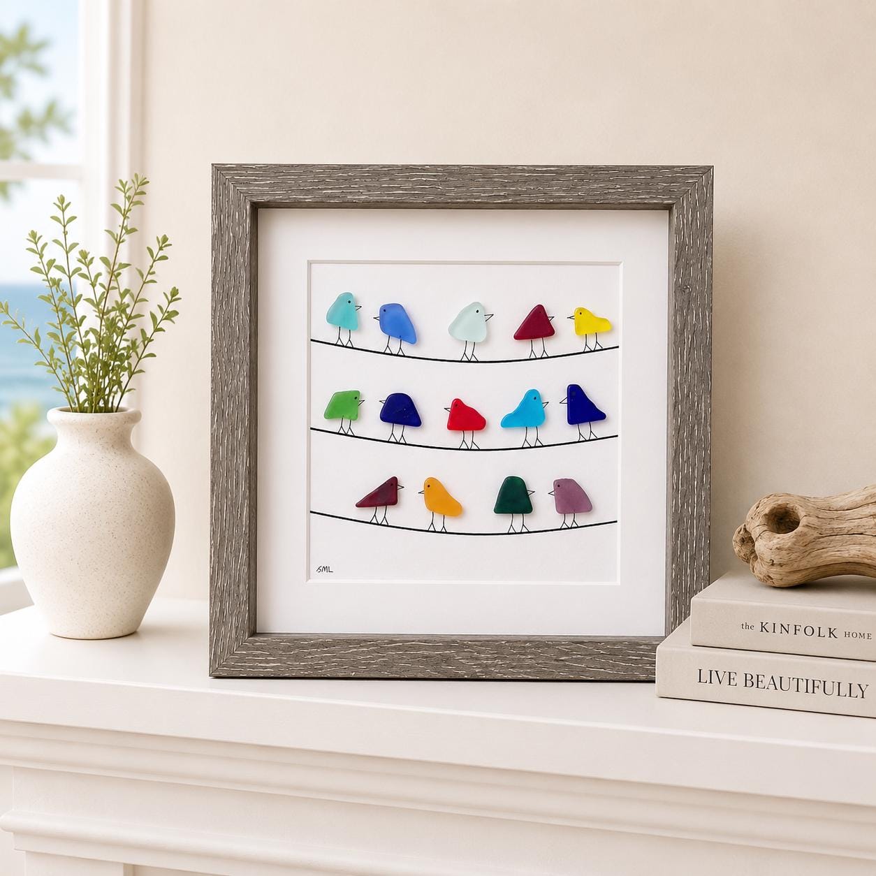 Rainbow Sea Glass Bird Artwork, Coastal Beach Decor, Framed Art