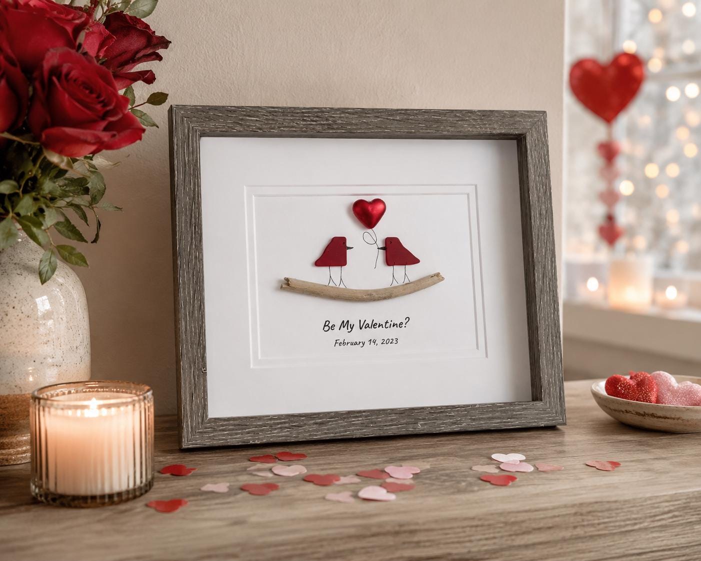 Valentine's Day Sea Glass Art, Birds in Love Framed Picture