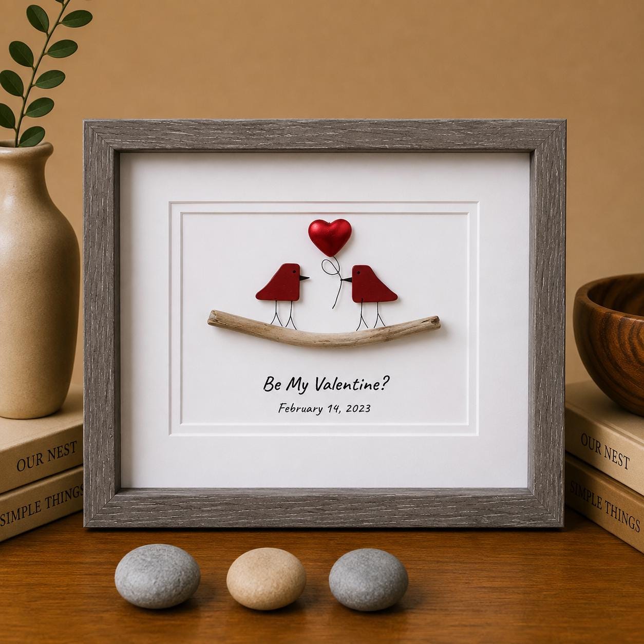 Valentine's Day Sea Glass Art, Birds in Love Framed Picture