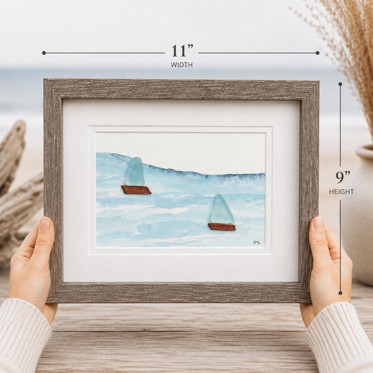 Sea Glass Sailboats Watercolor – Original Ocean Artwork, Framed