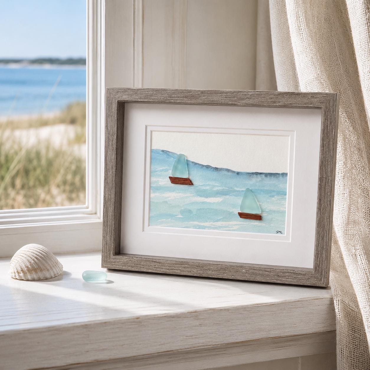 Sea Glass Sailboats Watercolor – Original Ocean Artwork, Framed