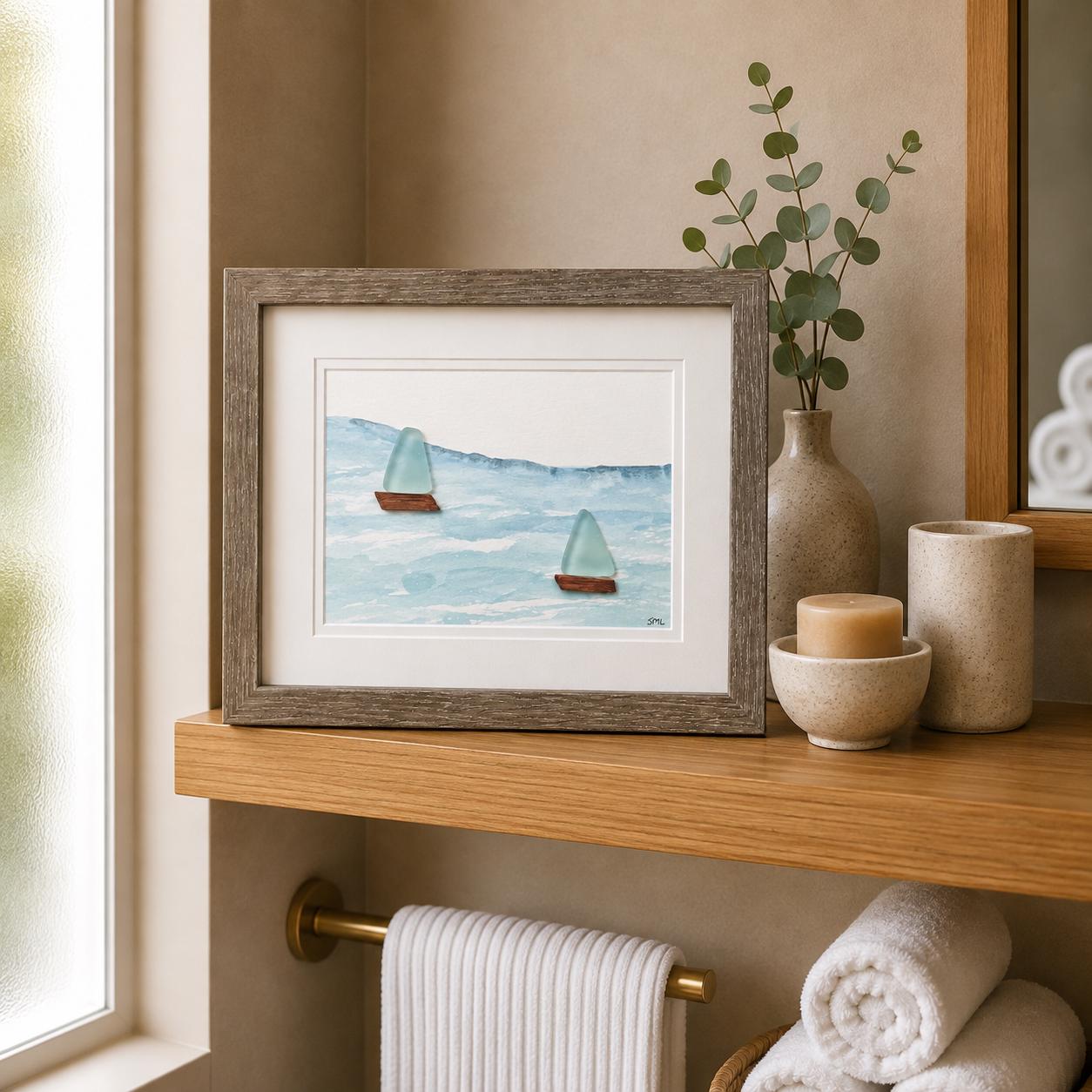 Sea Glass Sailboats Watercolor – Original Ocean Artwork, Framed