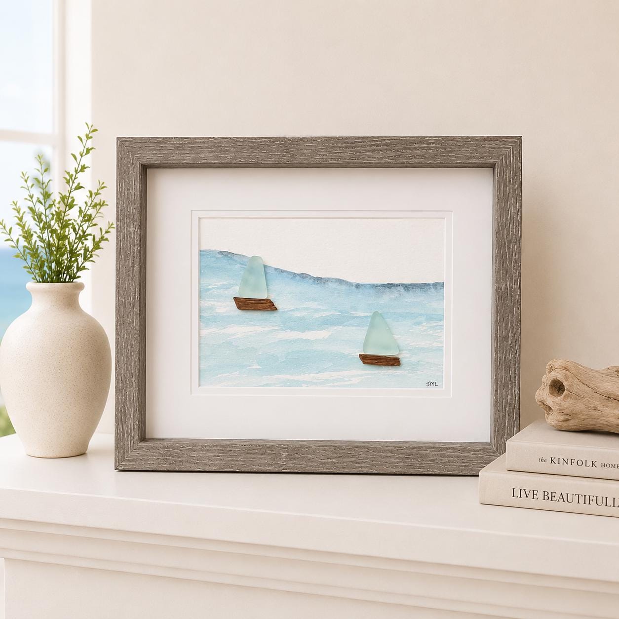 Sea Glass Sailboats Watercolor – Original Ocean Artwork, Framed
