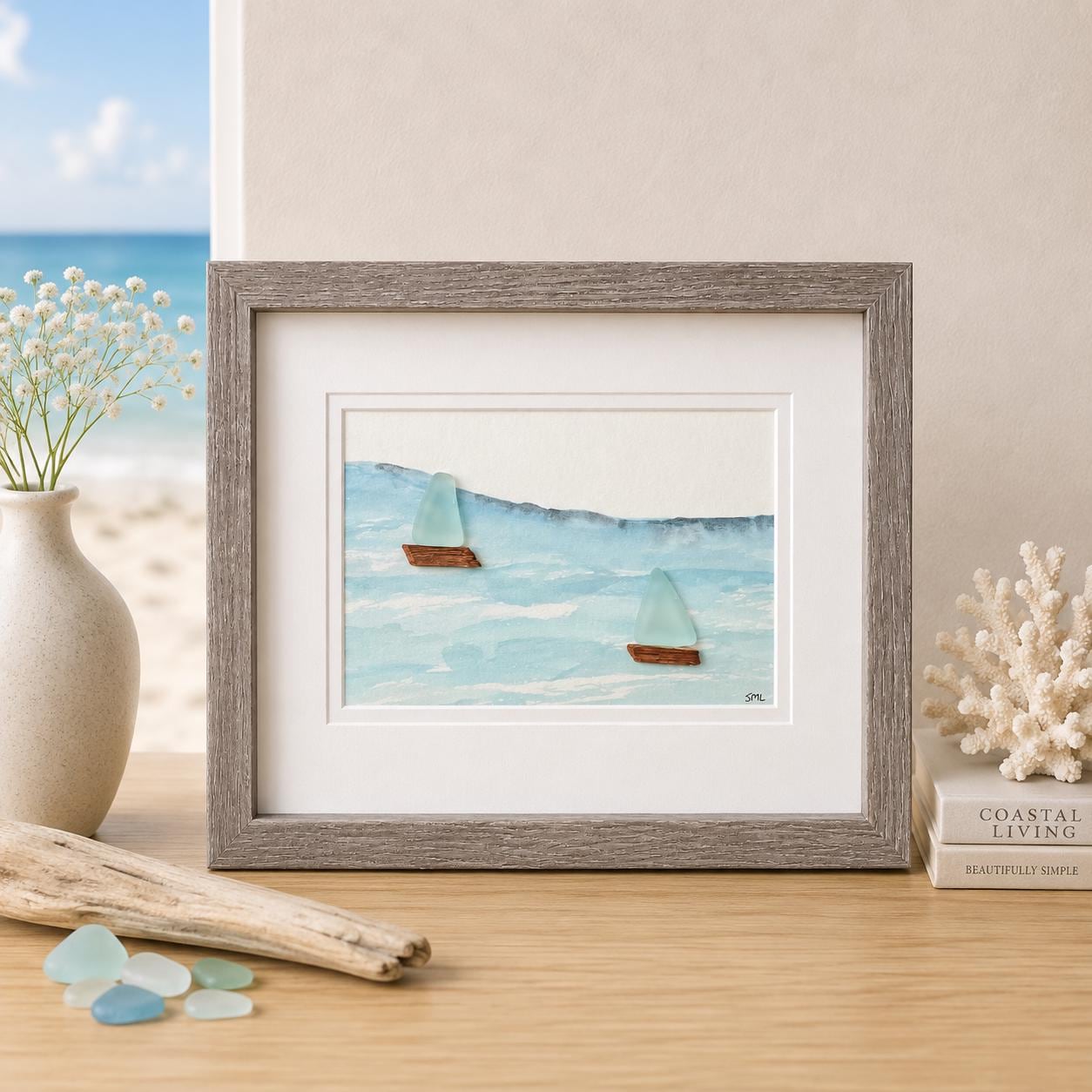 Sea Glass Sailboats Watercolor – Original Ocean Artwork, Framed