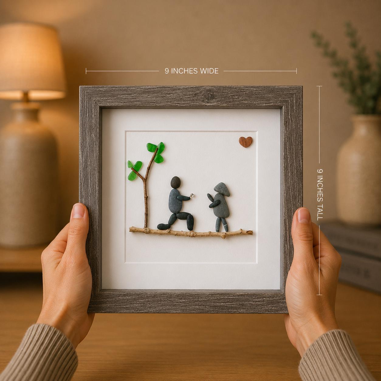 Personalized Pebble Art Engagement Gift, Framed Couple Artwork (9x9)