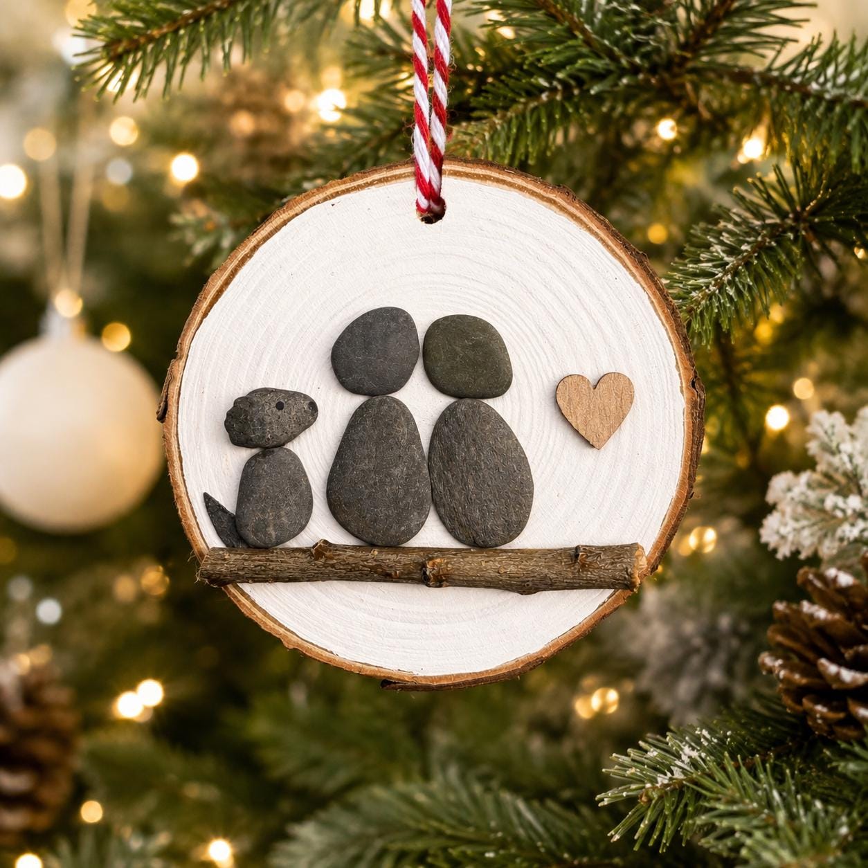 Pebble Art Couple Ornament with Dog | Handmade Pet Lover Gift