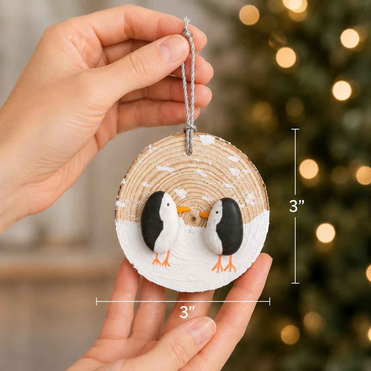 Penguin Ornament, Handmade. Made from Beach Pebbles and Scottish Sea Glass on a Dried Wood Round, Perfect Holiday Gift, Stocking Stuffer