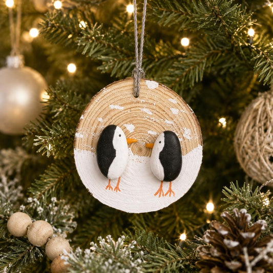 Penguin Ornament, Handmade. Made from Beach Pebbles and Scottish Sea Glass on a Dried Wood Round, Perfect Holiday Gift, Stocking Stuffer